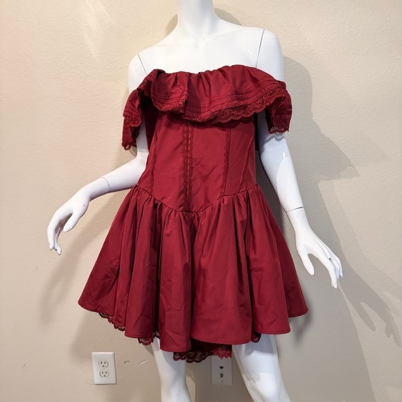 SHEIN Dresses & Skirts - Shein Off-Shoulder Burgundy Dress with Lace Trim